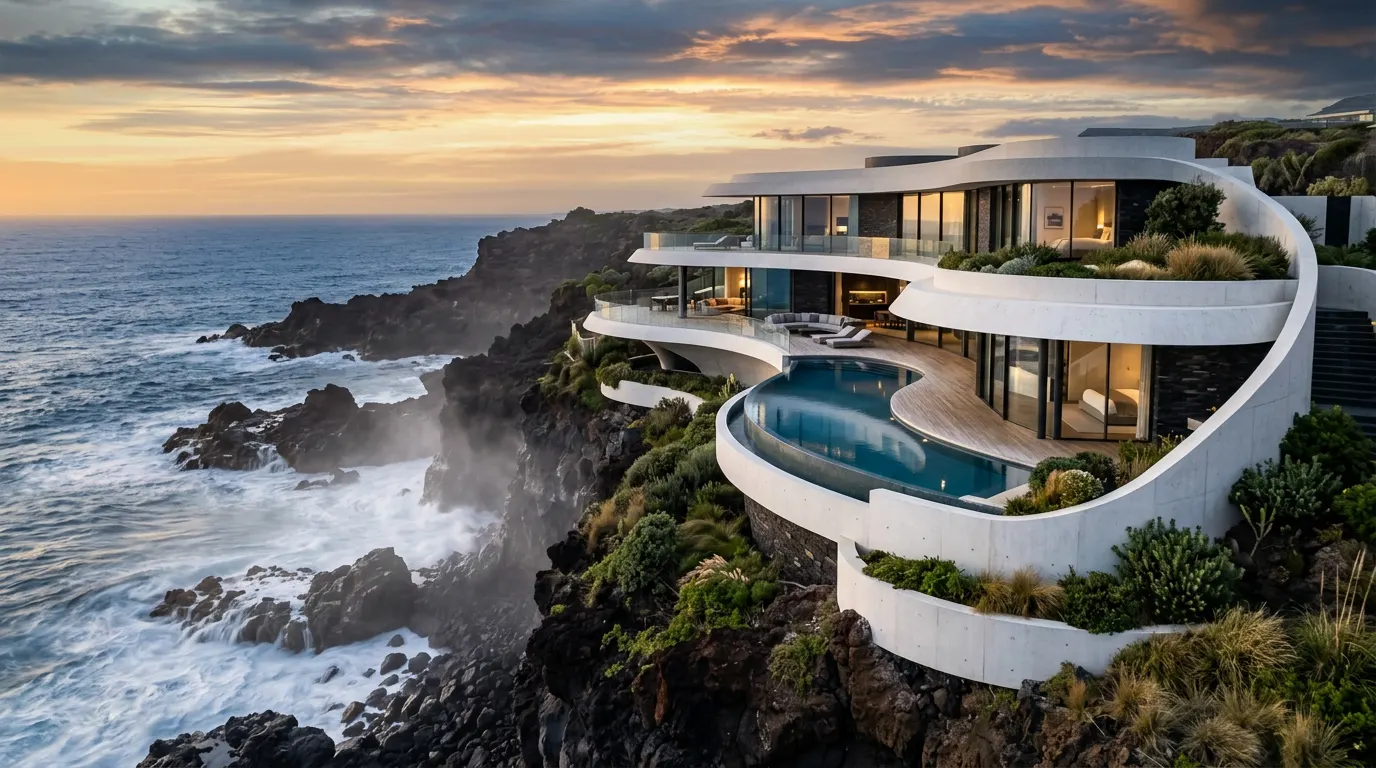 A curving white oceanfront villa on volcanic cliffs at sunset