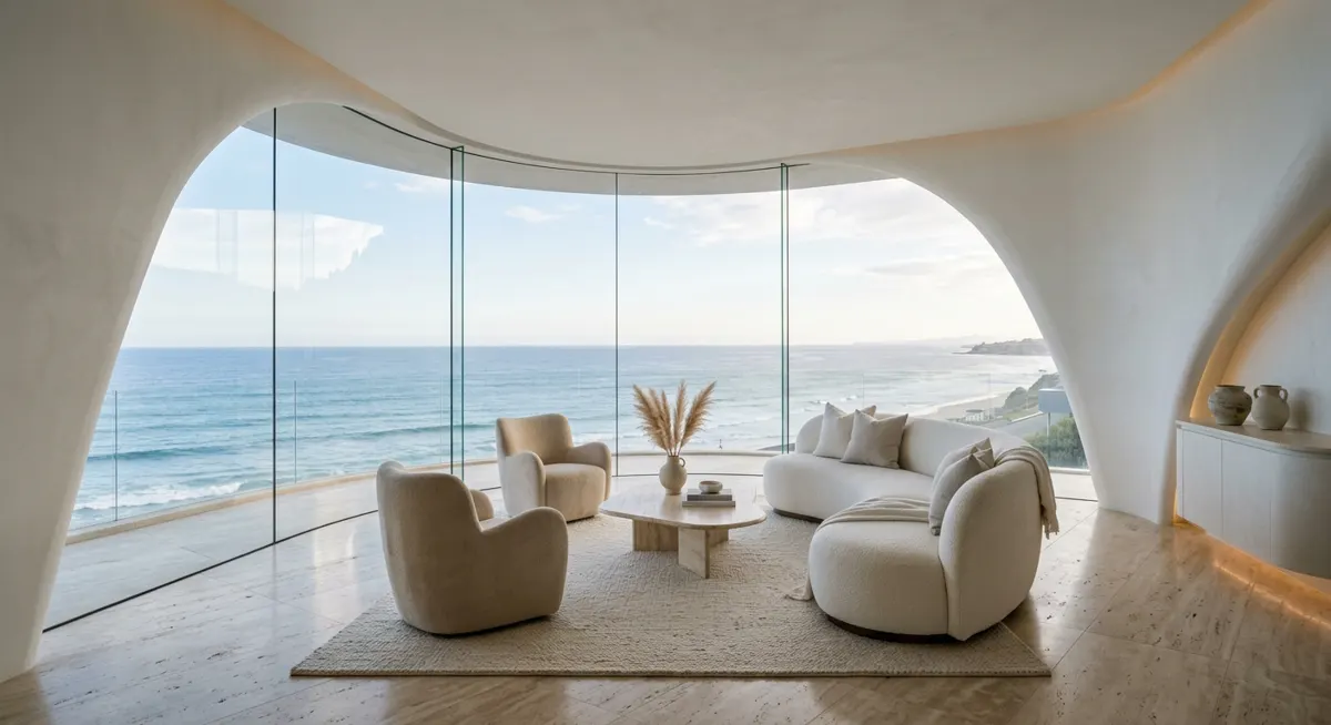 Curved oceanfront living room framing the horizon